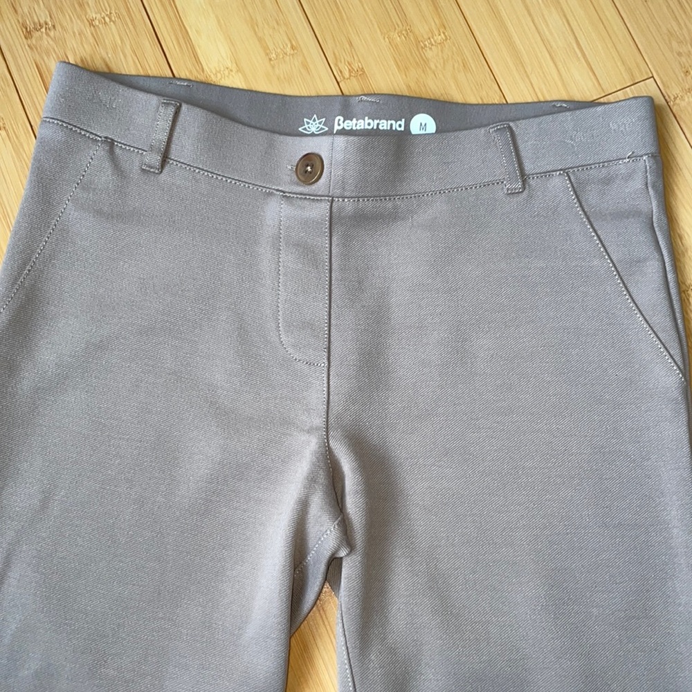 Betabrand classic dress pants yoga pants, khaki twill fabric, flare leg PETITE